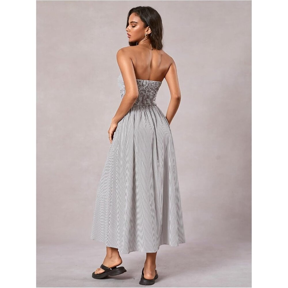 Women's Gray Strapless Maxi Dress Summer Tube Top Long With Pocket - Picture 2 of 5